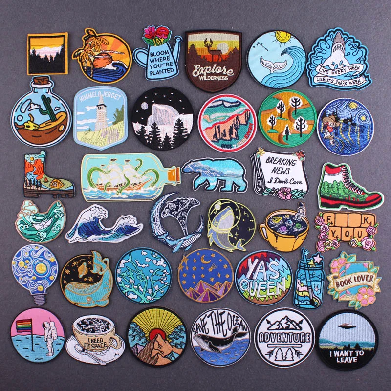 DIY Van Gogh Patch Wilderness Adventure Embroidered Patches For Clothing Whale/Shark Stripes Patch Iron On Patches For Clothes