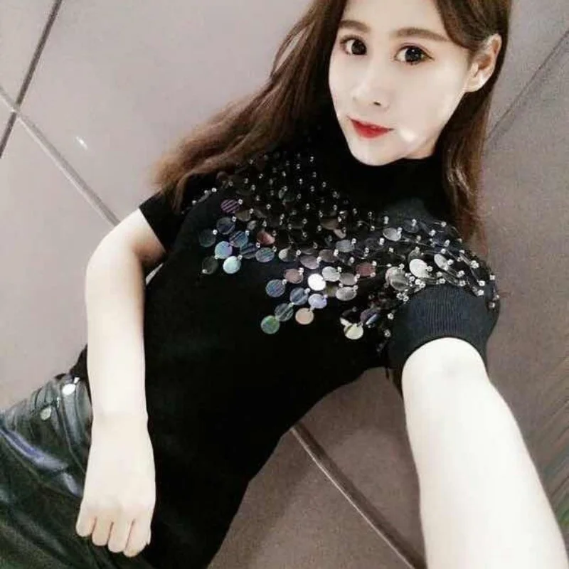 

Knitting Women Short Sleeve T-Shirts Gothic Casual Slim Fit Black Tops Sequined Turtleneck Plus Size L-6XL T-Shirts Female Tees