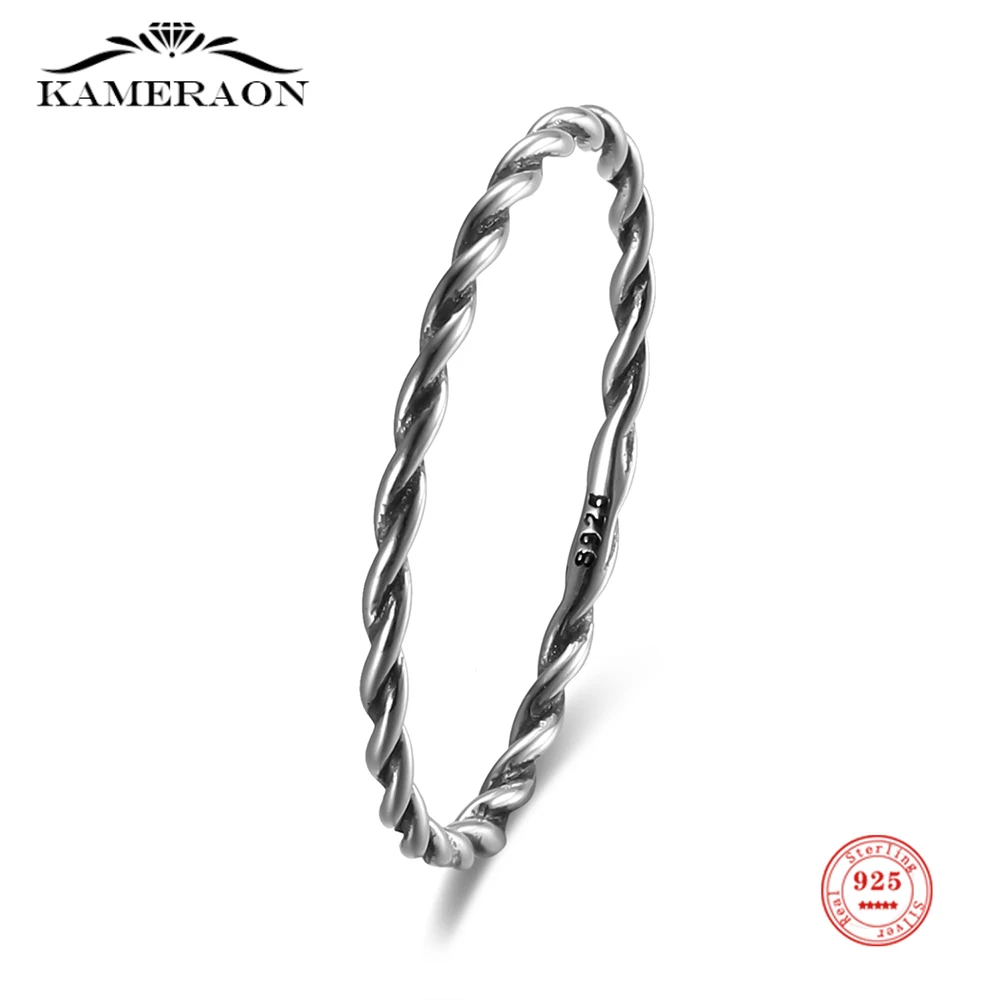 Real 925 Sterling Silver Oxide Rings Thin Twisted Rope Silver Finger Ring for Women Simple Vintage Fine Jewelry