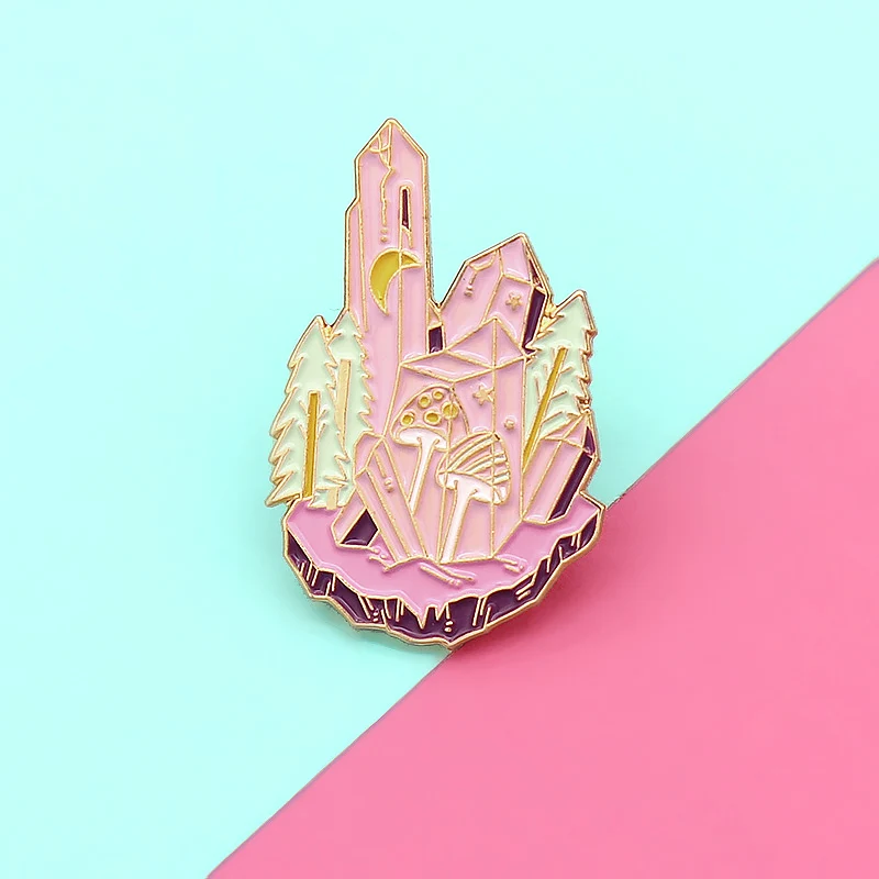 GDHY Forest Purple Pink Crystal Enamel Pin Brooch Crystal column Mushroom Witch Brooches Jewelry Clothes Wholesale Badge image 5