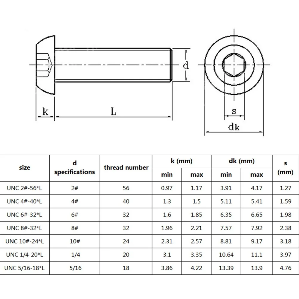 10pcs UNC 10#-24 1/4-20 304 A2-70 stainless steel US Coarse Thread Allen Hex Hexagon Socket Button Head Round Screw Bolt ISO7380