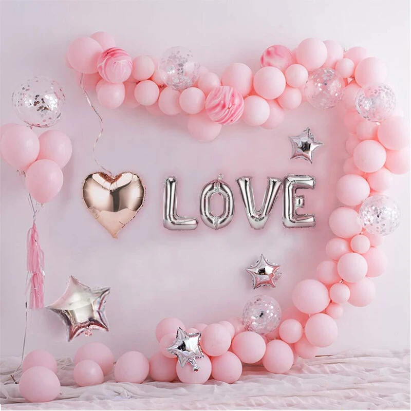 Conjunto de guirlanda de balão, 144 pçs, material de decoração para casamento, chá de bebê, conjunto de arco de balão branco rosa, estrela do amor, formato de coração