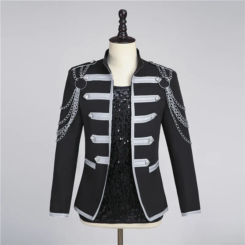 

Bar Nightclub Male Singer Team Court Jacket Red Back Metal Chain Military Slim Coat Men's Dancer Group Performance Stage Costume