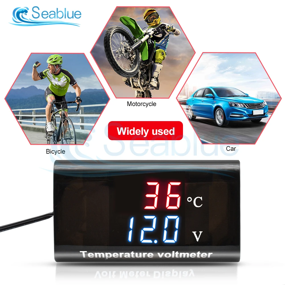 Dc 12V 0.28 Inch Dual Display Led Digitale Temperatuur Sensor Voltmeter Thermometer Voltage Meter Tester Voor Auto Motorfiets