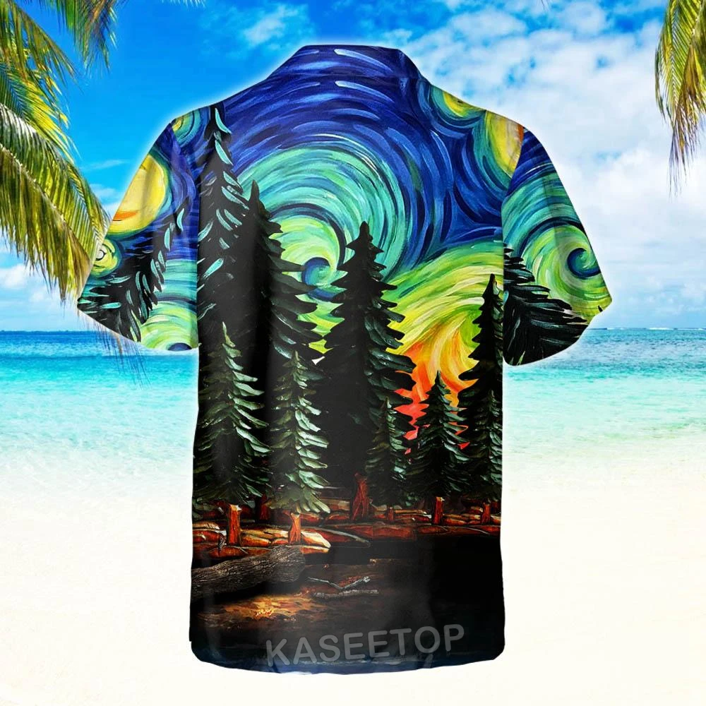 Mens Beach Bigfoot Starry Night Shirt Aloha 3D Print Hawaiian Shirt Casual T Shirt Button Wild Blouses Oversize Streetwear Tops