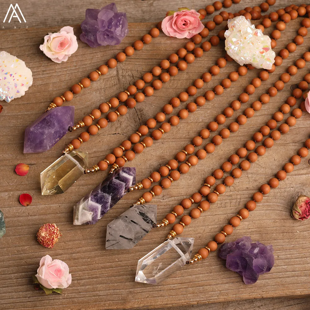 Natural Quartz Crystal 7 Chakra Reiki Beads Handmade Necklace Round Fragrant Sandalwood Beads Knot Necklace Jewelry For Women