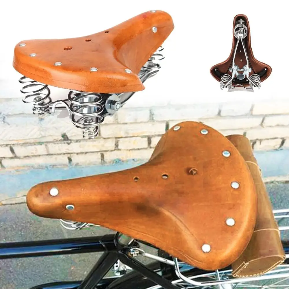 26x10cm Brown Leather Vintage Retro Comfort Classic Brown Bicycle Bike Cycling Saddle Seat with Springs