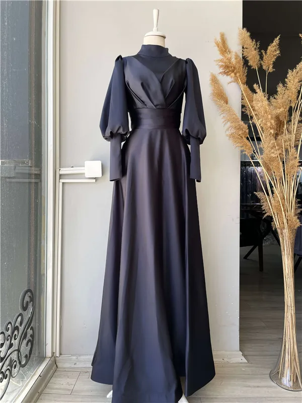 

Simple Black Satin Long Sleeve Muslim Evening Dresses High Neck Saudi Arabia A Line Formal Prom Party Gowns Robe De Soiree