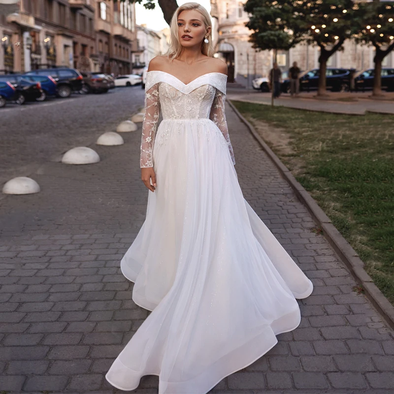 

Sweetheart Long Sleeve Applique Lace Up Shiny Layer Tulle A-Line Wedding Dress 2022 Vestido De Noiva Bridal Gown