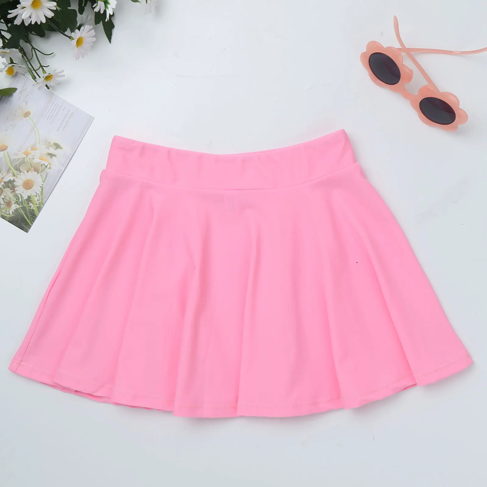 4-12Y Kids Girls Pure Color Skirt Wide Elastic Waistband A-line Ruffle Hem Above Knee Length Skirt Kids Pleated Skating Skirt