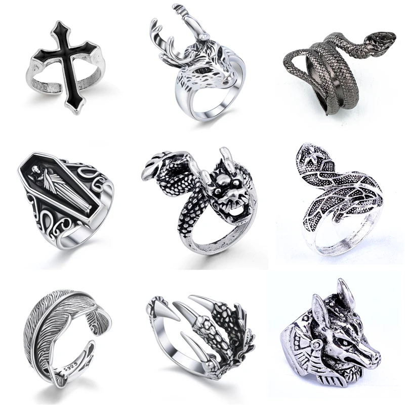 1PC Vintage Punk Feather Cross Snake Male Ring Gothic Dragon Goat Eagle Paw Animals Free Open Finger Ring For Men Women Jewelry