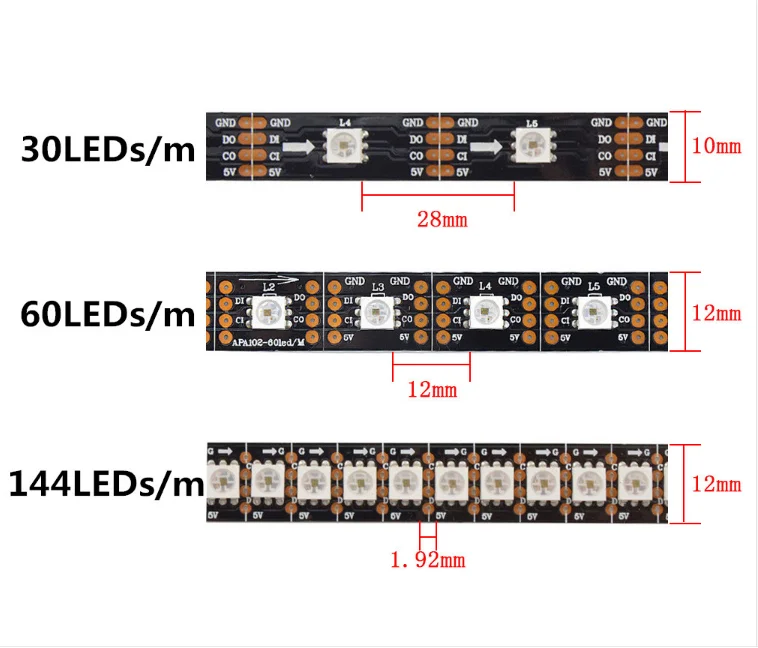 Faixa apa102 30/60/144 leds/pixels sk9822 inteligente led pixel tira dados e clck separadamente dc5v ip30/ip65/ip67