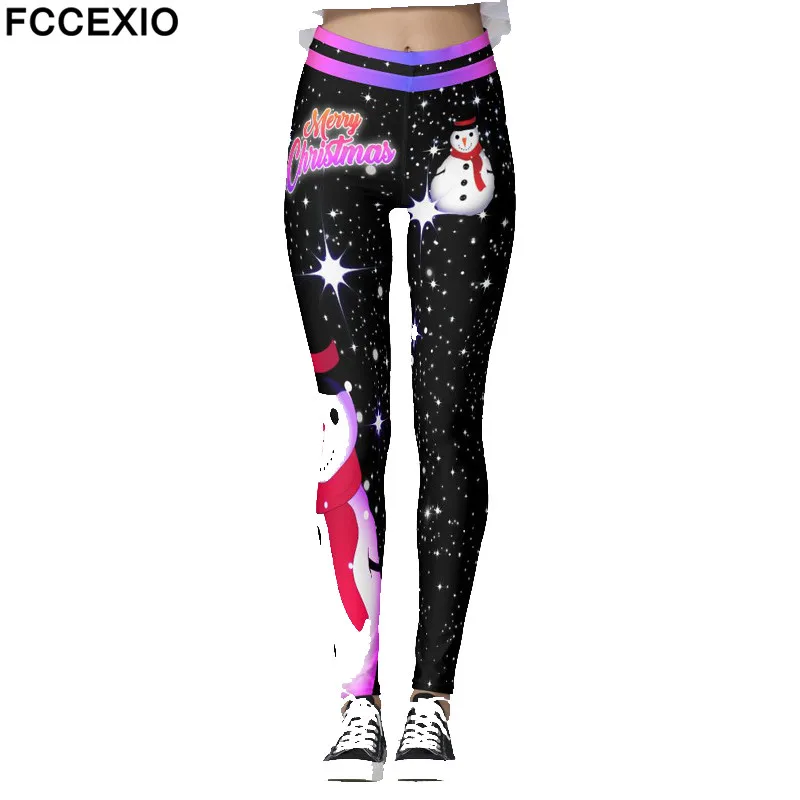 

FCCEXIO Women Fitness Leggings Christmas Skinny Leggings Snowflake Santa Claus Snowman Print 3D Sexy Elastic Xmas Legging