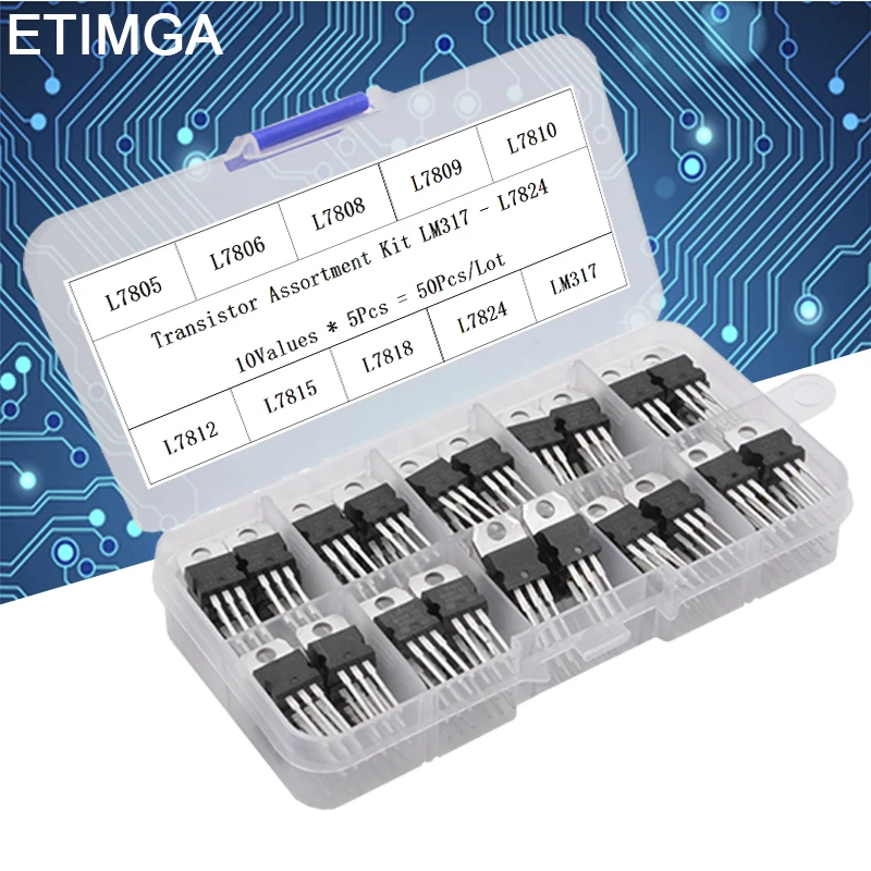 50PCS LM317T L7805 L7806 L7808 L7809 L7810 L7812 L7815 L7818 L7824 Transistor Assortment Kit Voltage Regulator Box Each 5pcs