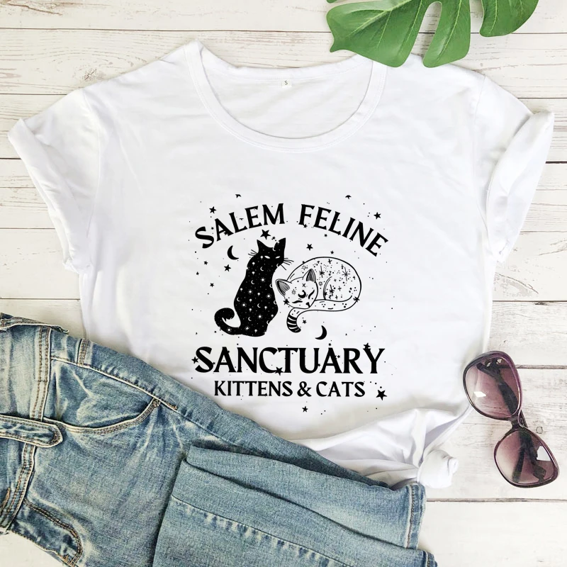 Salem Feline Sanctuary T-shirt Celestial Cat Wicca Gothic Tshirt Aesthetic Women Short Sleeve Witchy Vibes Spiritual Tops Tees