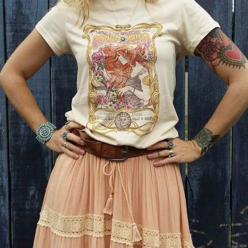 1PCS WILD CHILD Duty Angel Printed Khaki T Shirt Boho Gypsy Girl Print T-shirt Tops Cotton Apricot O Neck Bohemian T-shirts