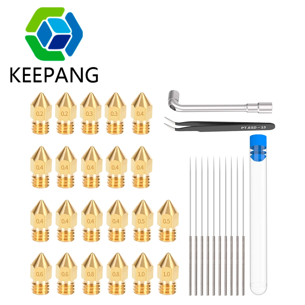 34pcs/Set 3D Printer Parts MK8 Brass Nozzles Extruder Printing Head with Cleaning Needles Drill Bits for Ender 3 3S Pro CR10