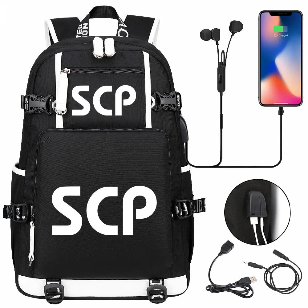 SCP Secure Contain Protect Backpack Black Bookbag Cartoon School Bags for Teenage Kids Travel Bagpack USB Laptop Shoulder Bags