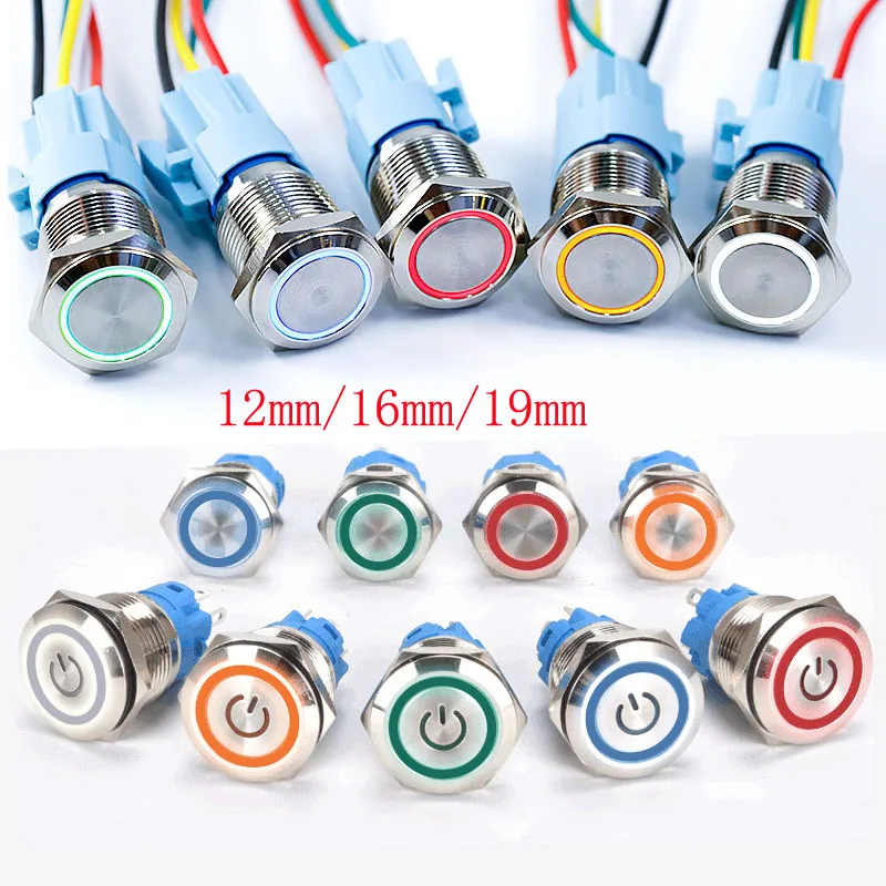 16mm Waterproof Metal Push Button Switch LED Light Momentary Latching Car Engine Power Switch 6V 12V 24V 220V Metal switch