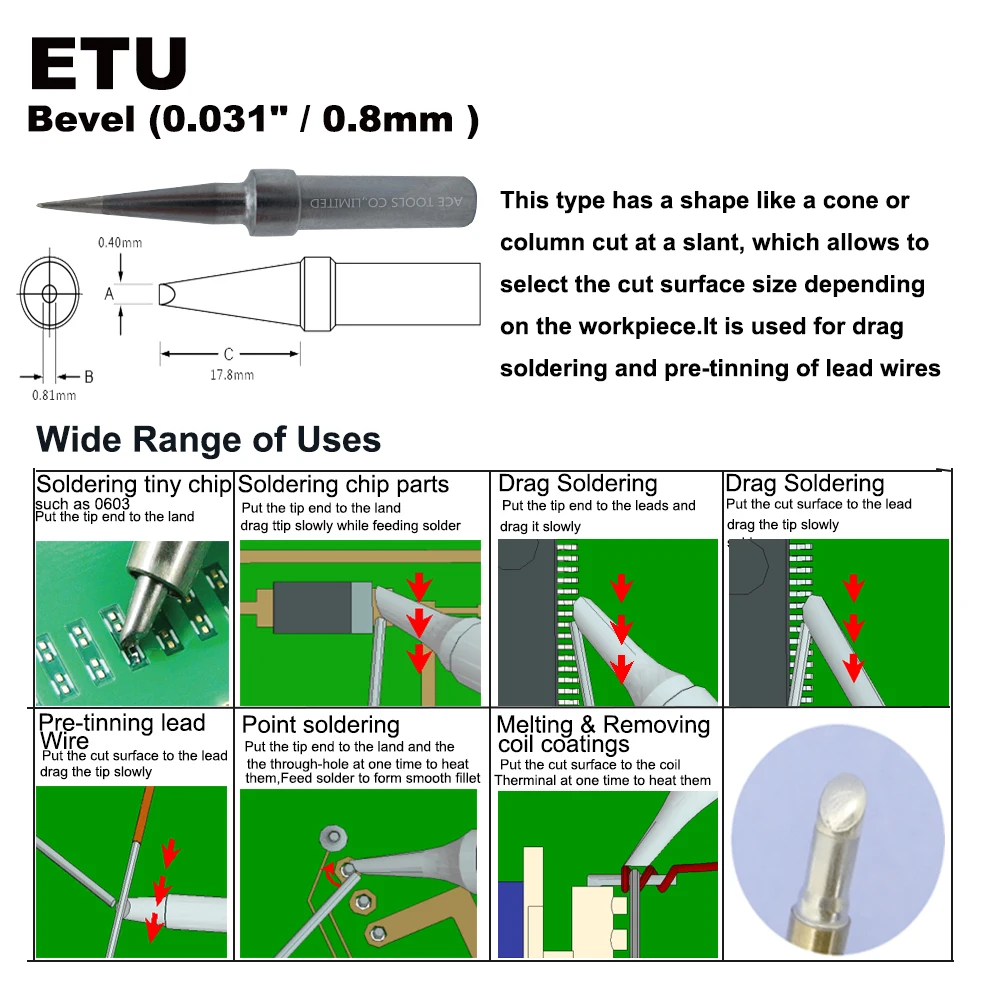 ETU-Punta de soldadura plana única de 0,4mm, broca de soldadura de hierro, compatible con WELLER west51, west50, west51, we10na, WE1010EU, PES51, PES50, LR21, LR20