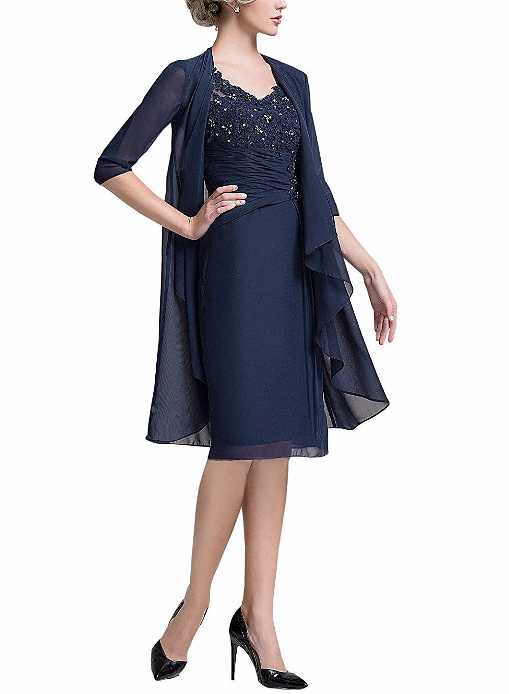 Knee Length Chiffon Beaded Bodice Mother of the Bride Dress with Jacket V Neck Lace Appliques Dinner Dresses for Women