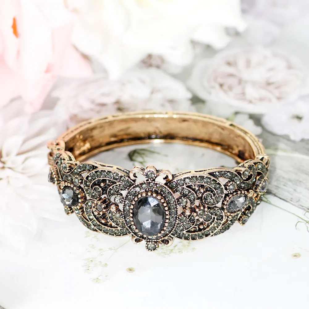 Sunspicems Vintage Gray Rhinestone Turkish Bangle Flower Cuff Bracelet For Women Antique Gold Color Arabic Bride Wedding Jewelry