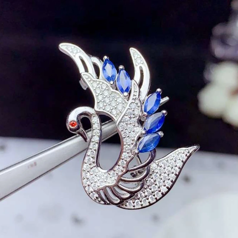 CoLife Jewelry 925 Silver Sapphire Brooch for Woman 5 Pieces Natural Sapphire Silver Brooch Fashion Silver Swan Brooch