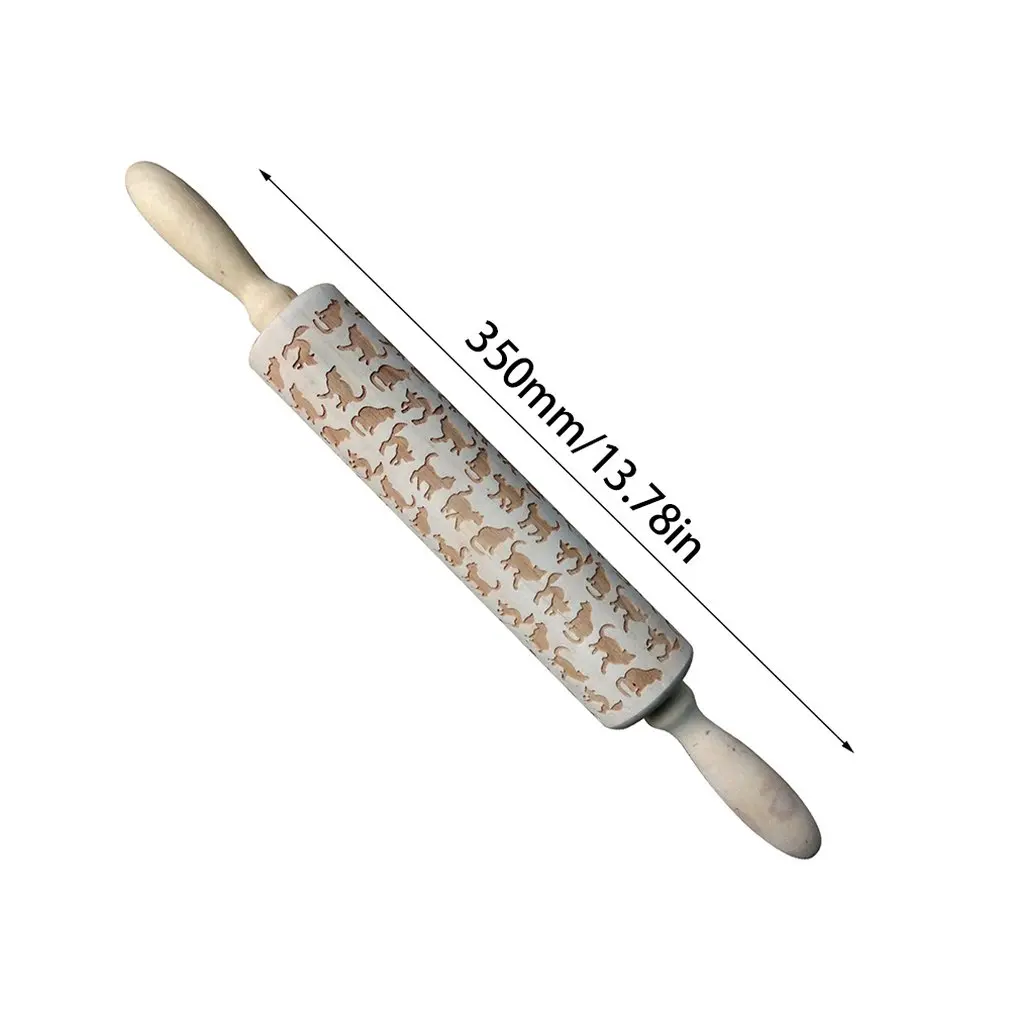 Christmas Wooden Rolling Pins Cats Engraved Embossing Rolling Pin with Christmas Symbols Kitchen Baking Tool