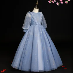 Teen Girls Winter Evening Dress Birthday Party Gowns Cute Wedding Bridesmaid Robe Children Blue Long Sleeve Dress 3 To 8 14 Year