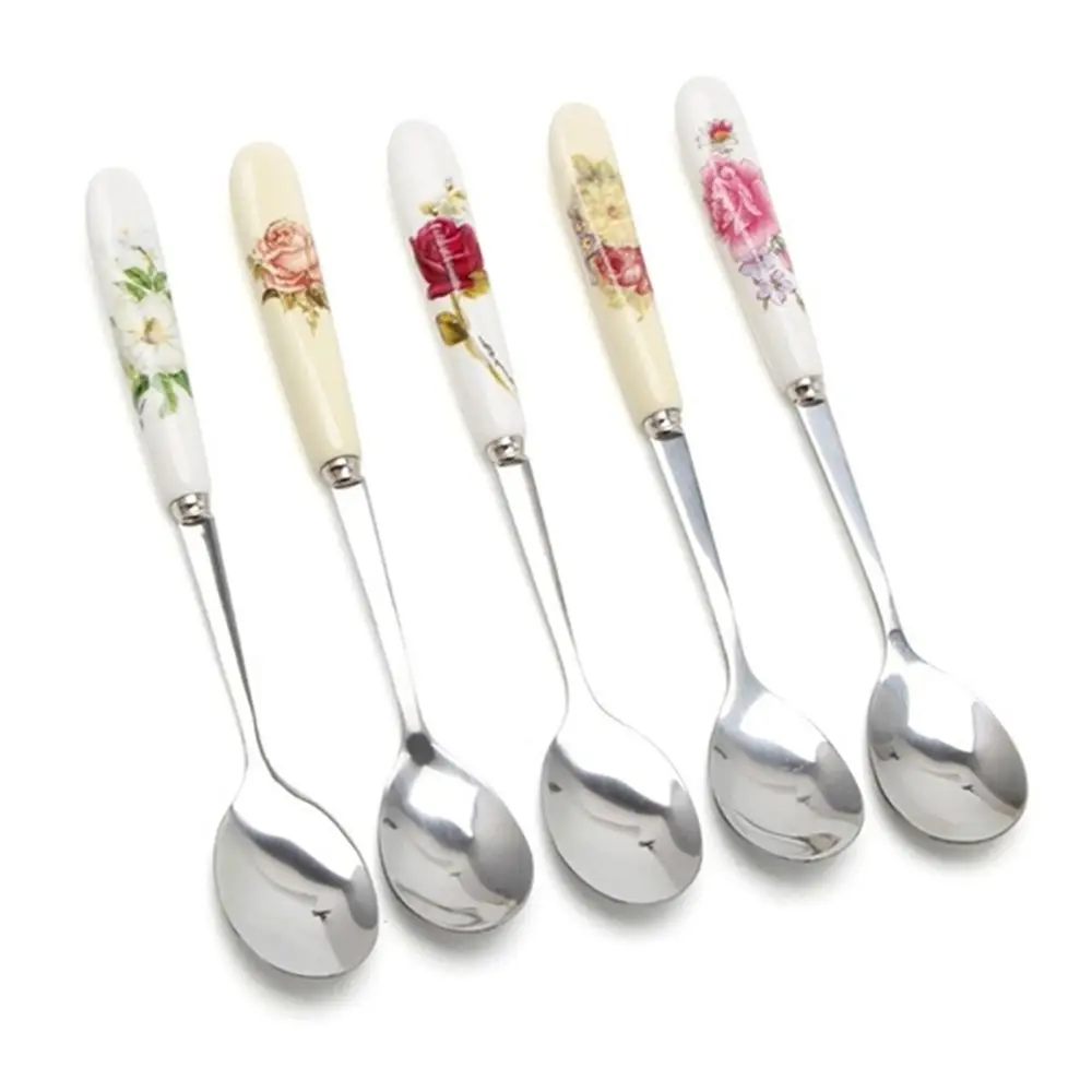 1 PC Rose Flowers Ceramics Coffee Spoon Kitchen & Dining Stainless Steel Ice Cream Dessert Scoop TeaSpoon