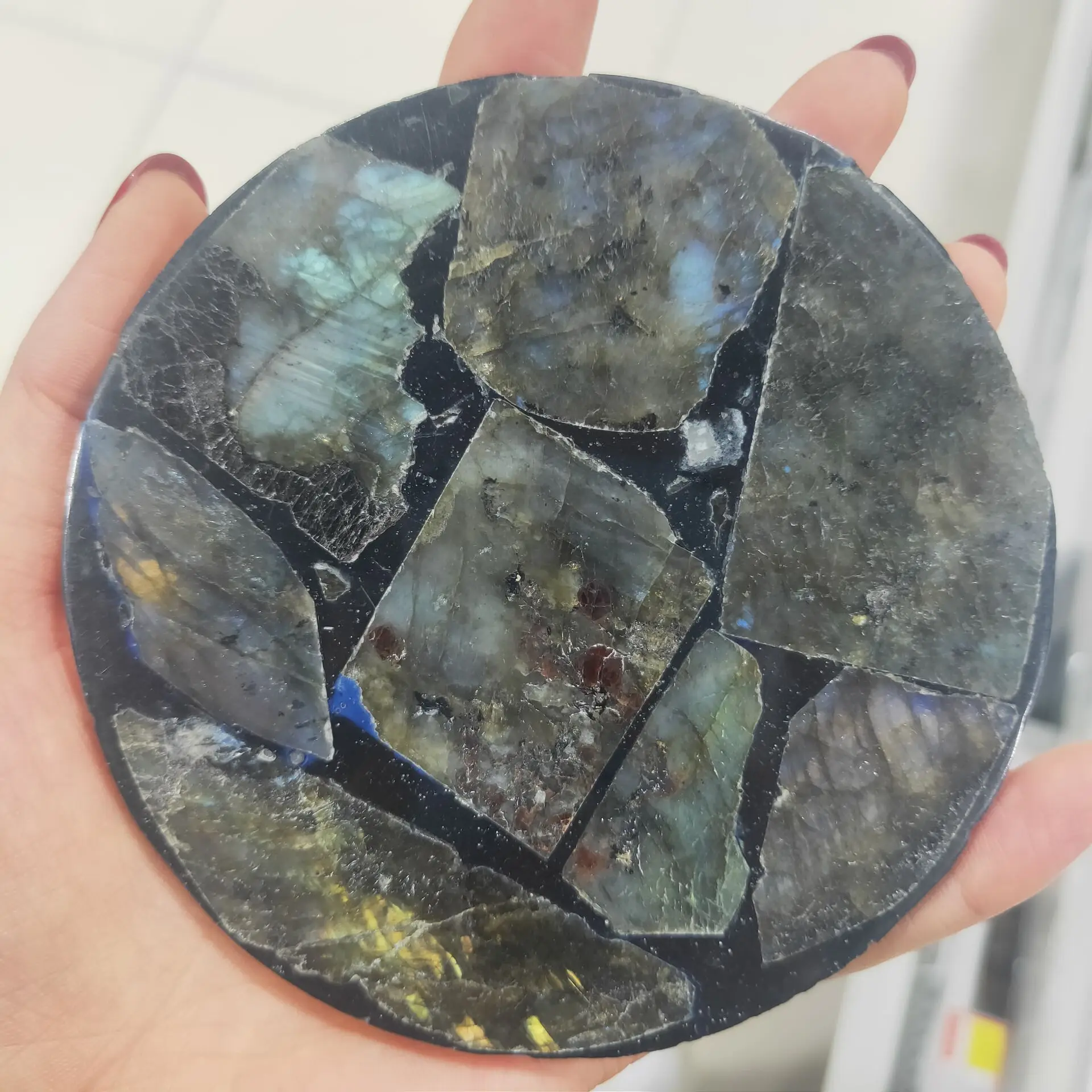 New Product! Colourful Labradorite Plate Slice Coaster Crystal Craft Free Pedestal Mineral Specimen Display Home Decoration Gift