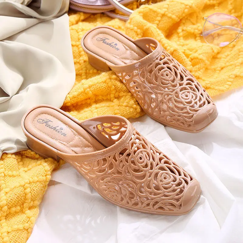 2024 Jelly Shoes Slides,Mum Soft Slippers,Outside Wearing,Fashion PVC Summer Mid Heels,Close Toe,BLACK,RED,APRICOT,Dropshipping