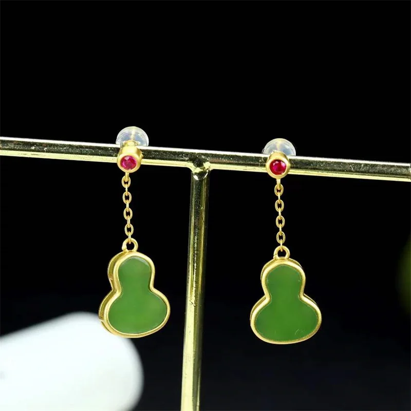 Hot Selling Natural Hand-carved 925 Silver Gufajin Inlaid Jasper Gourd Earrings Studs Fashion Jewelry Women Luck Gifts