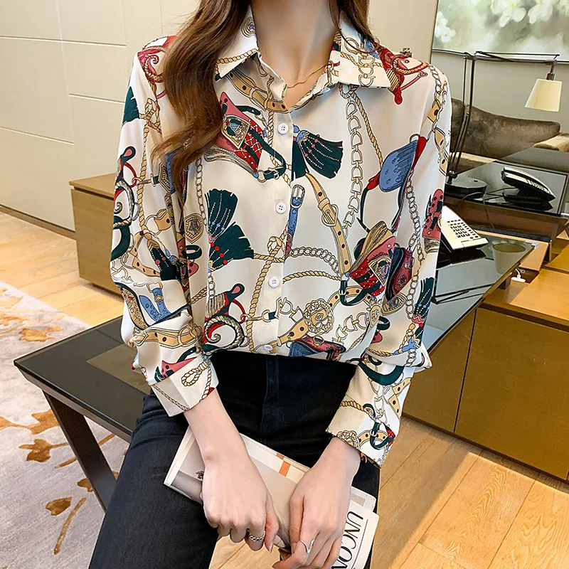 Fashion chain print ladies shirts Women\'s Blouses 2021 Spring Autumn Long Sleeve Shirts Tops Blusas Mujer