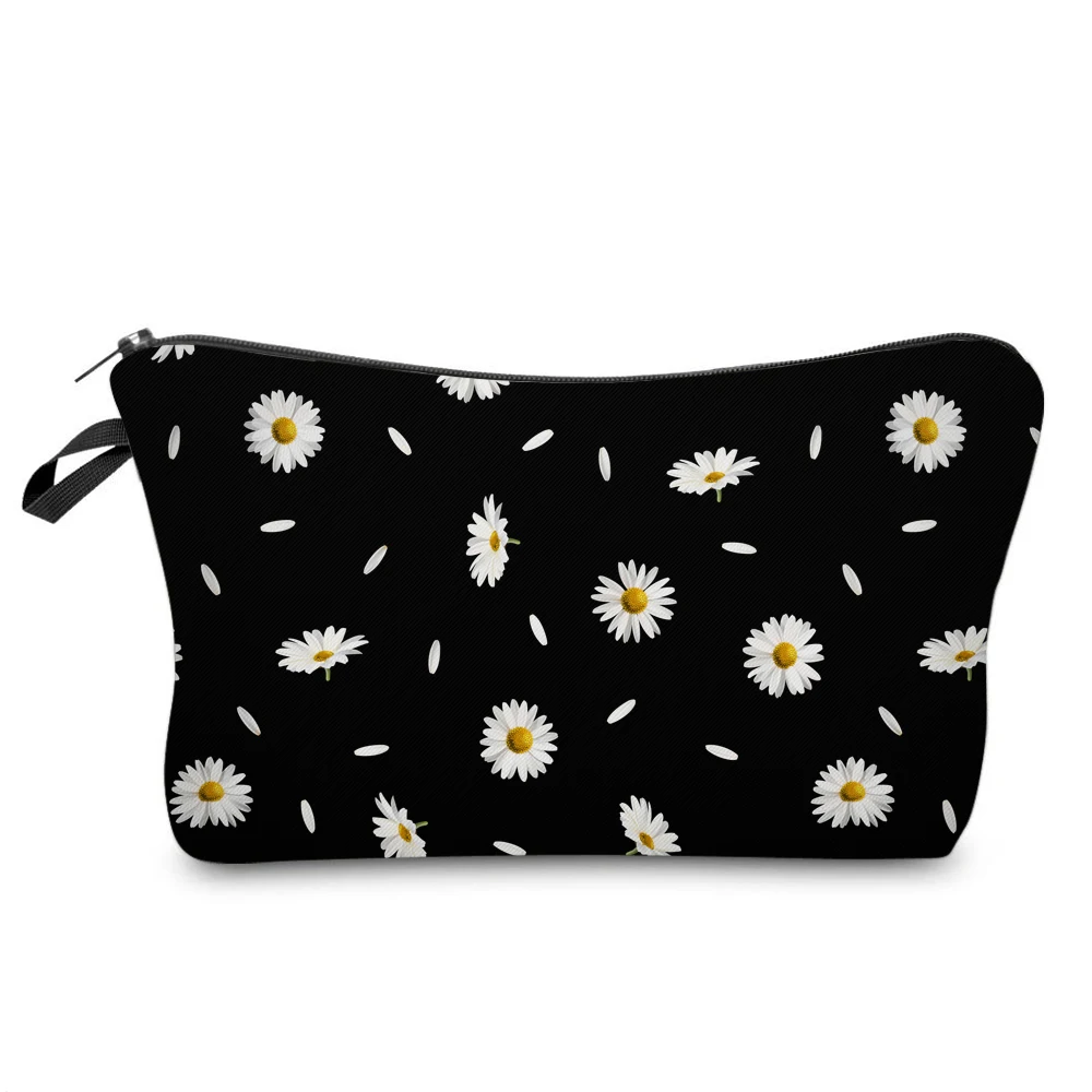 

Fashion Small Daisy Printed Women Bag Organizer Cosmetic Bag Black Makeup Bag for Trip Useful Storage Bag Lady Portable Pouch
