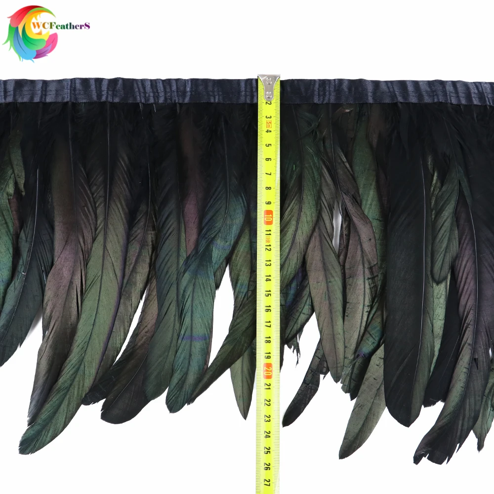 Adorno de plumas de cola de gallo, encaje de plumas de pollo, 25-30cm, accesorios de vestido de fiesta DIY, venta al por mayor, 10-12 pulgadas, 1 yarda