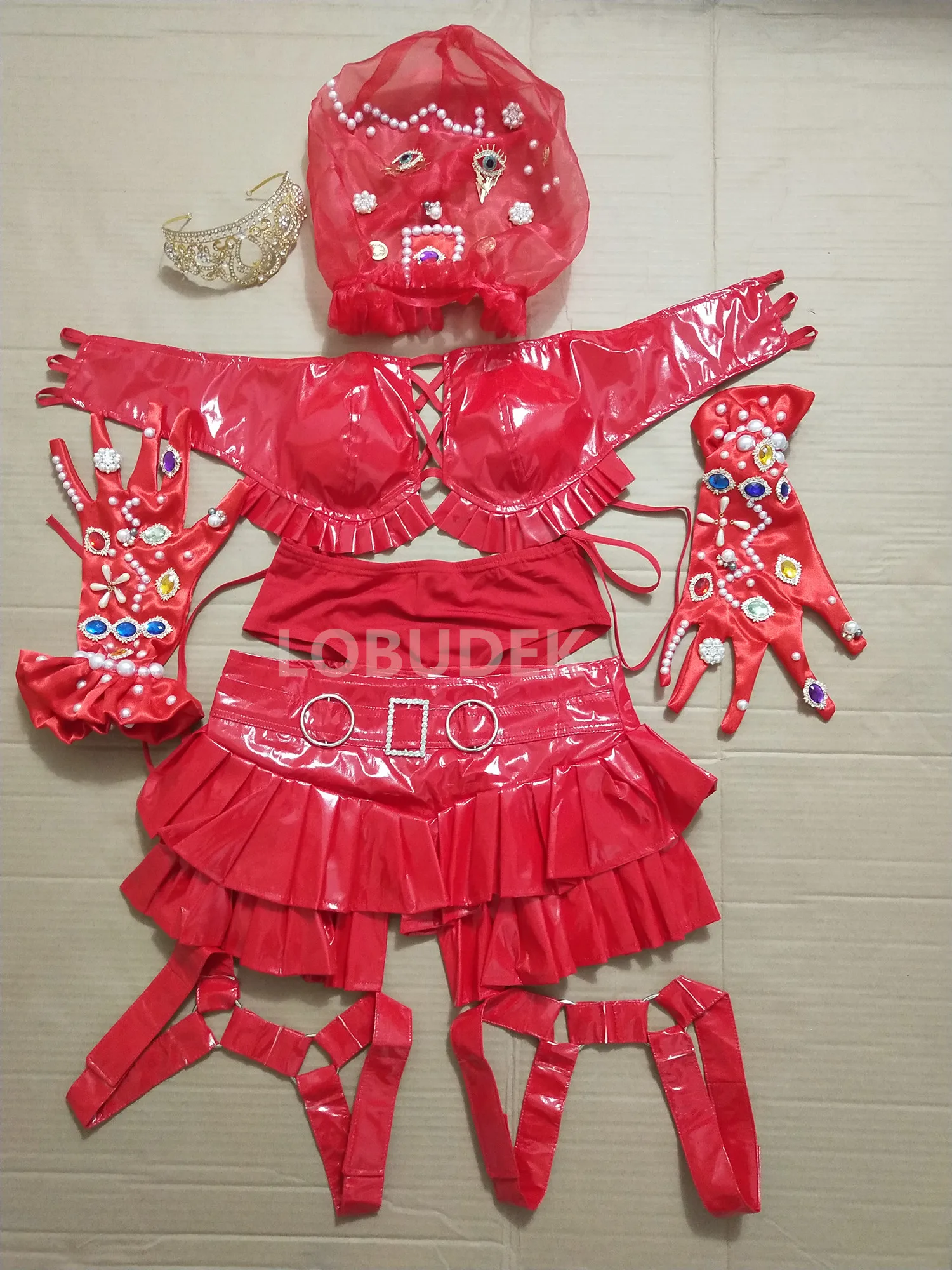 DJ ملهى ليلي المرأة مضحك مثير زي الأحمر بولي Leather الجلود الراين بيكيني التنانير القبعات الزي المغني راقصة فريق المرحلة ارتداء