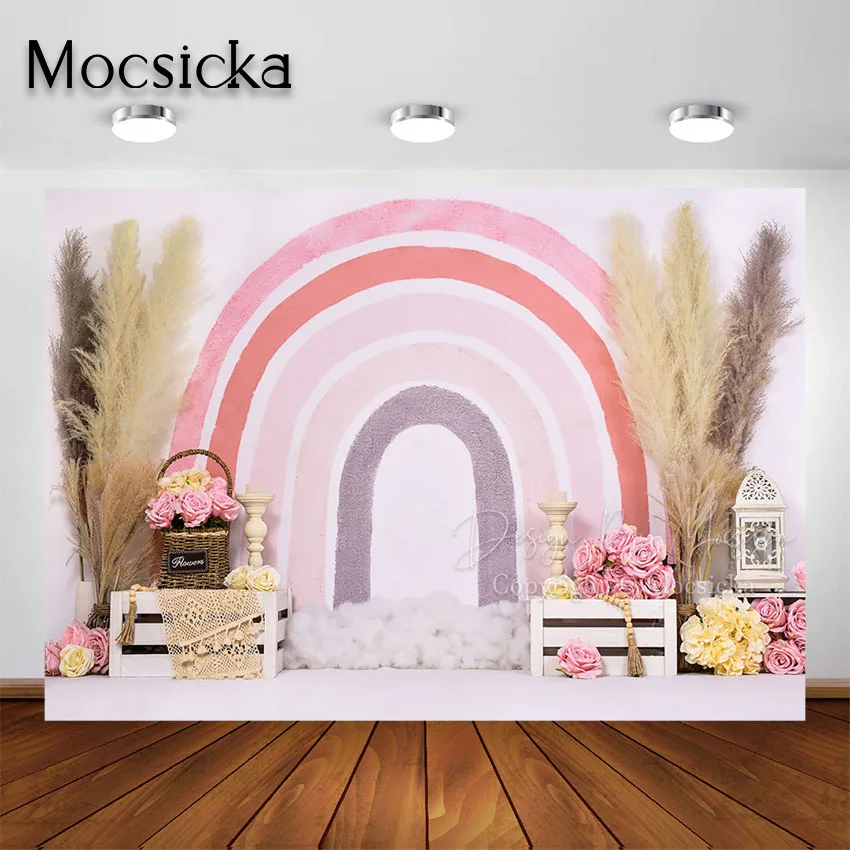 Mocsicka Boho Rainbow Photography Backdrop for Girl Birthday Bohemia Theme Portraits Background Cake Smash Photo Studio Props