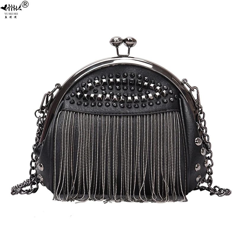 Fringe Designer Insert Rivet Vintage Fashion PU Leather Chain Women Shoulder Crossbody Bag Shell Bags Women\'s Handbags Purses