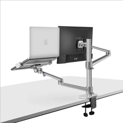 OL-3L Aluminum Height Adjustable Desktop Dual Arm 17-32 inch Monitor Holder+12-17 inch Laptop Holder Stand Full Motion Mount Arm