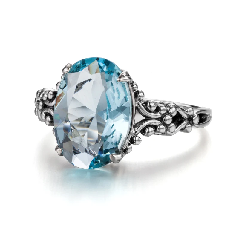 Echte 925er-Sterlingsilber-Damenringe, edler Schmuck, Aquamarin-Ring, neogotische ovale Form, Edelsteine, Eheringe, Schmuckgeschenk – Detail 3