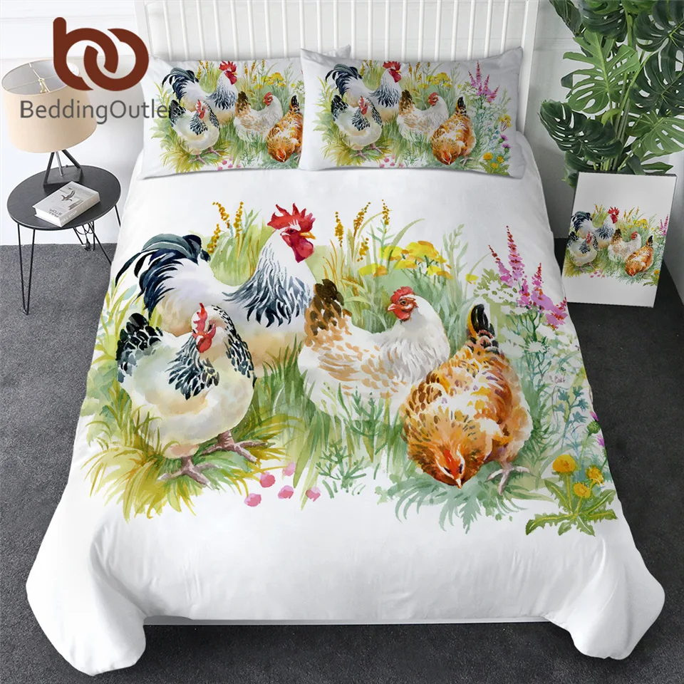 

BeddingOutlet Chicken Duvet Cover With Pillowcase Watercolor Rooster Bedding Set Animal Flower Bedclothes Green Grass Bedlinen