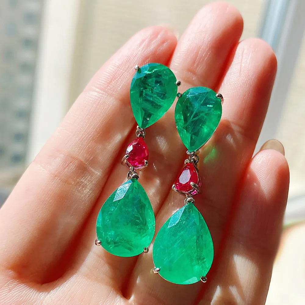 Charms Vintage Paraiba Tourmaline Emerald Gemstone Drop Big Earrings for Women Wedding Earrings Fine Jewelry Accessories Gift