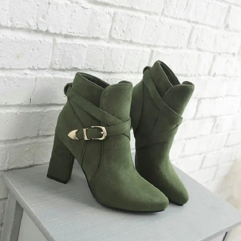 ZawsThia New Winter Buckle Strap Faux Nubuck Flock Army Green Olive Burgundy Pointed Toe Block High Heels Ankle Boots For Women