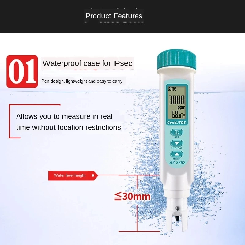 

TDS Temperature Meter One Touch Data-hold Auto-off Conductivity Pen Style Water Quality Tester Sensor Lab AZ8362 TDS Temp