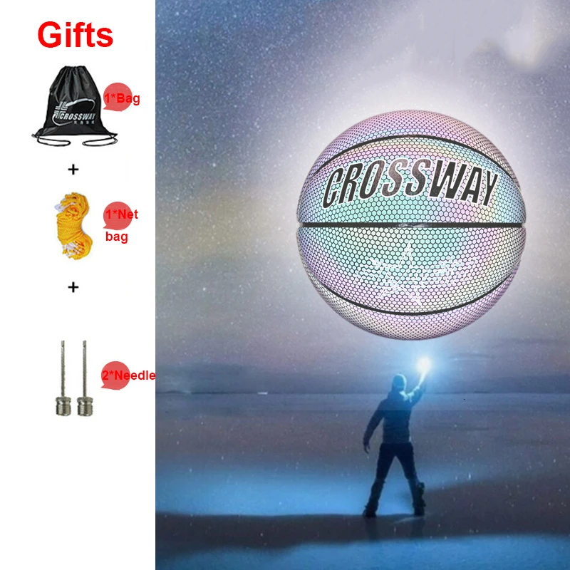 Holographic Reflective Basketball Ball Wear-Resistant Luminous Night Light Ball Basketball Glowing Basketball Ball With Bag Pin