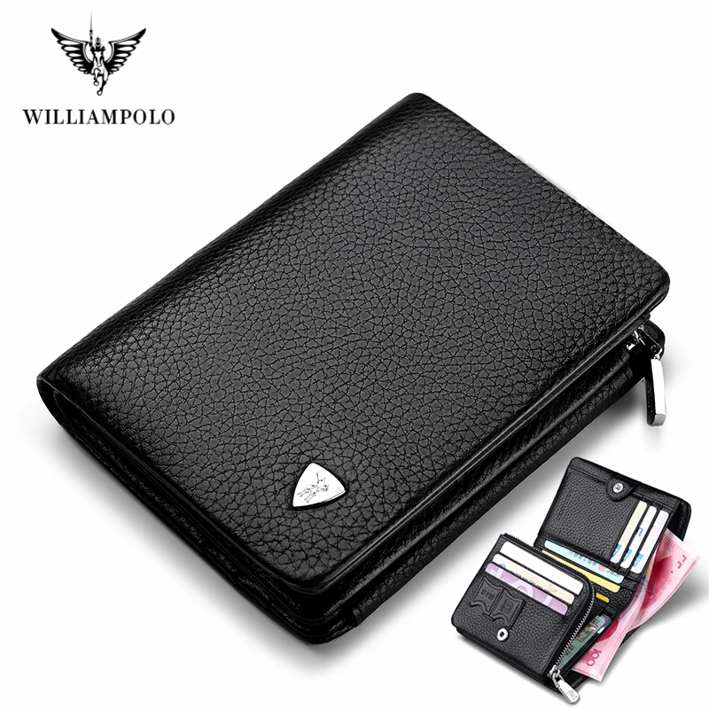 Willianmpolo Genuine Leather Men Wallets Brand Luxury RFID Three Fold Design Men's Wallet Zipper Coin Purse Business Card Holder