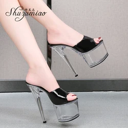 Shuzumiao 2023 Summer New Slippers Women High Heels 16.5CM Transparent Platform Thin Heels Sandals Female Party Pole Dance Shoes