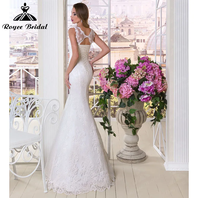 Vestido de novia de sirena con lazo, con apliques de encaje, espalda abierta, sin mangas, hasta el suelo, cuello en V, corte sirena, Roycebridal