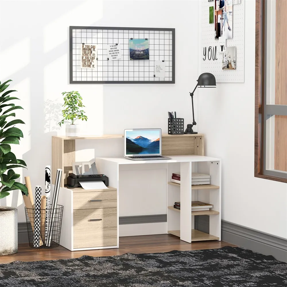 HOMCOM-Mesa de Ordenador con Estantería, 2 Cajones, Soporte para Impresora y Oficina